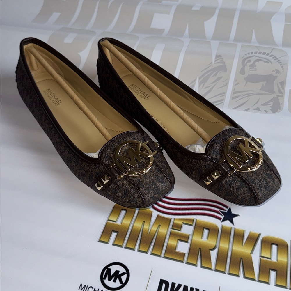 Michael Kors Fulton Moc Brown Flats with Gold Accents with Box